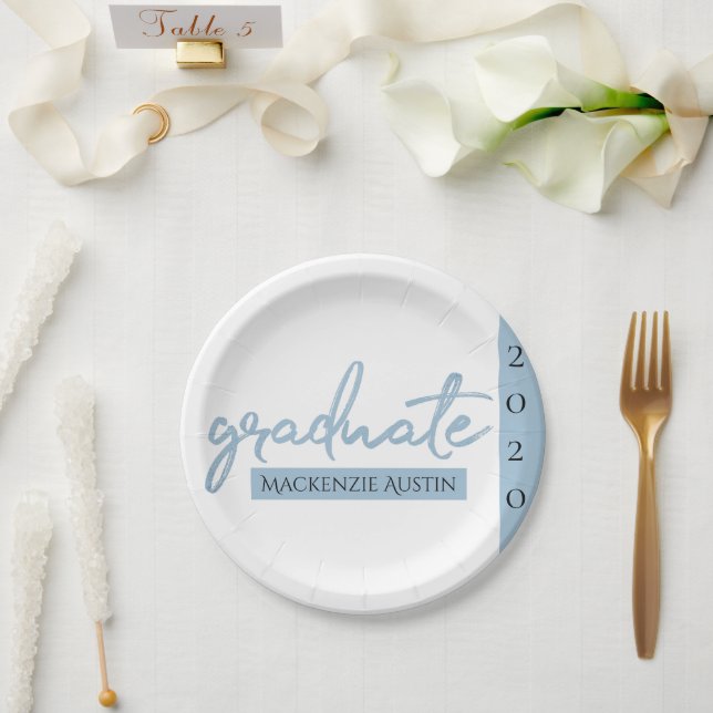 Graduate Light Blue Script | Robin Egg Brush Paper Plate (Wedding)