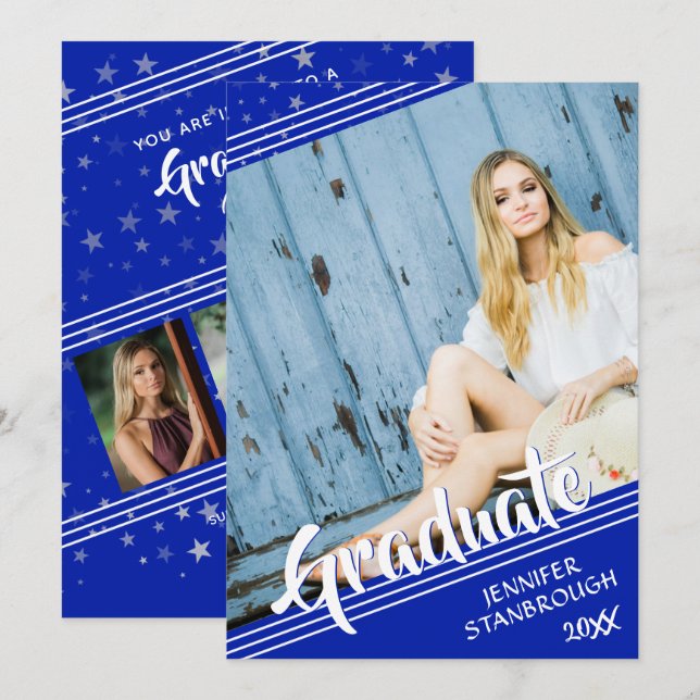 Graduate, Lines & Stars | Royal Blue & White 4-Pic Invitation (Front/Back)
