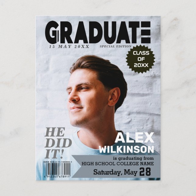 GRADUATE Magazine Cover Style Modern Chic Photo  Invitation Postcard (Front)