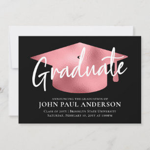Graduate Metallic Black Blush Pink Cap Graduation Announcement