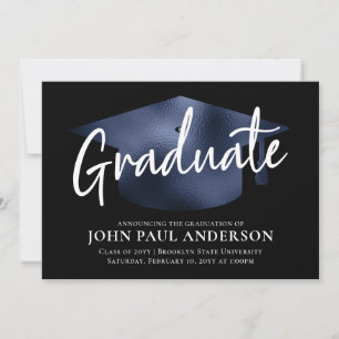 Graduate Metallic Navy Blue Cap Black Graduation Announcement