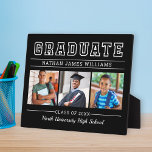 Graduate Modern Black 3 Photo Graduation Plaque<br><div class="desc">Classic 3 photo graduation plaque display sign with easel features Graduate in bold serif lettering with modern custom text that can be fully customized with the graduate's full name, class year, and school name. Add three favourite pictures of the graduate to the square placeholder images. Black background colour can be...</div>