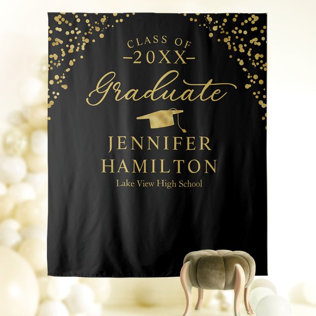 Graduate Modern Black Gold Graduation Backdrop  Tapestry (Creator Uploaded)