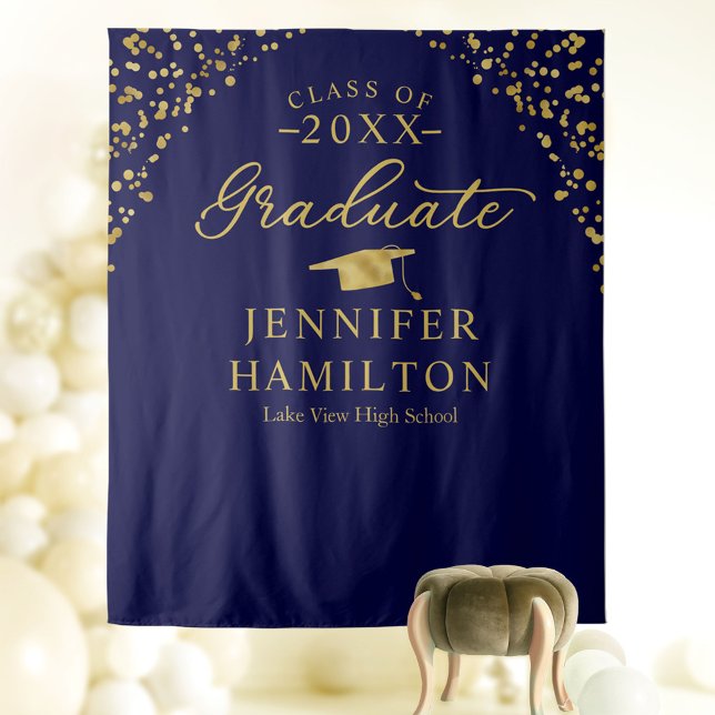 Graduate Modern Blue Gold Graduation Backdrop  Tapestry (Creator Uploaded)