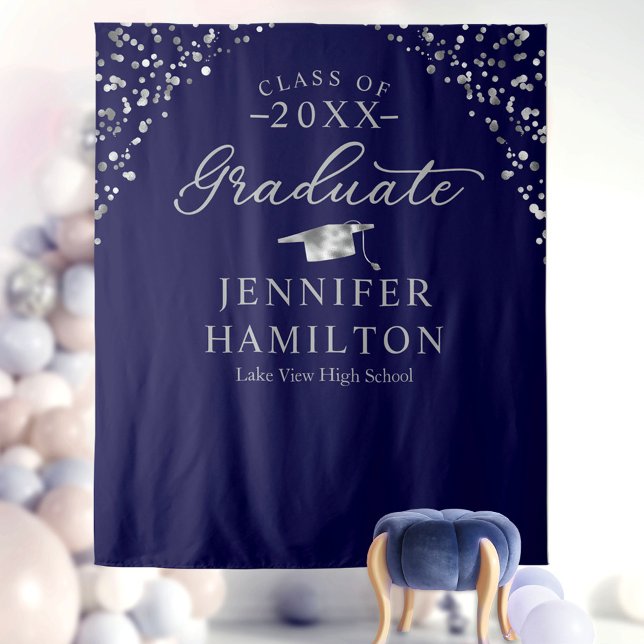 Graduate Modern Blue Silver Graduation Backdrop  Tapestry (Creator Uploaded)