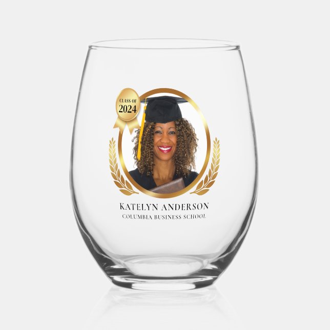 Graduate Modern Custom Photo School Graduation Stemless Wine Glass (Front)