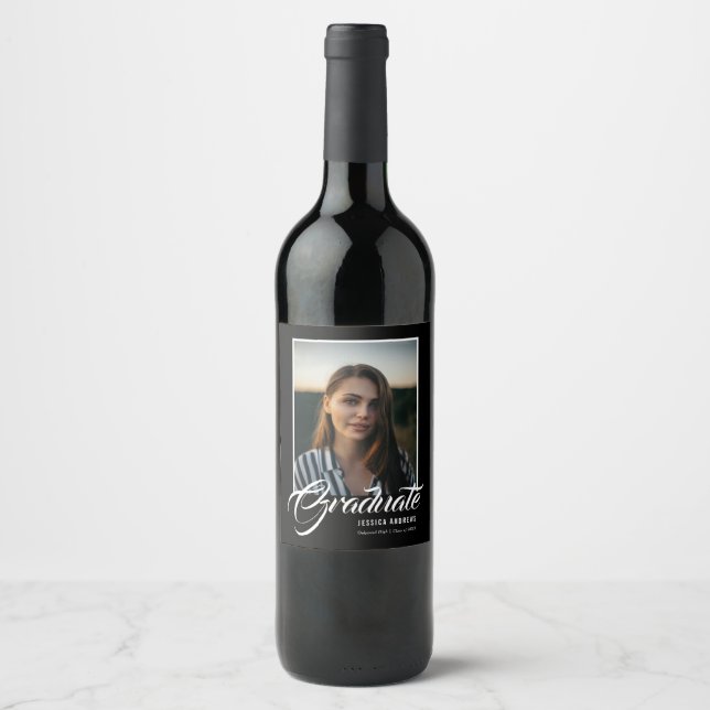 Graduate Modern Editable Photo Black | Graduation Wine Label (Front)