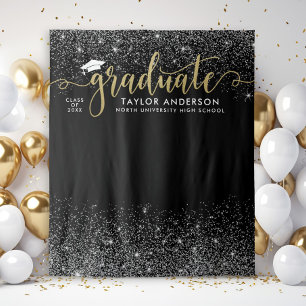 Graduate Modern Gold Script Black Graduation Party Tapestry