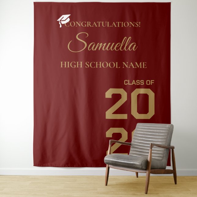 Graduate Modern Gold Script Graduation Party Tapestry (In Situ)