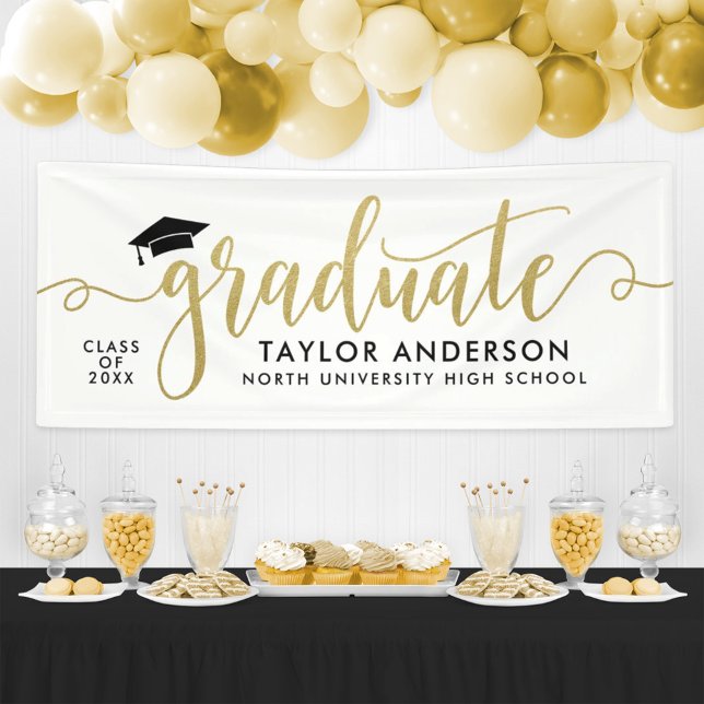Graduate Modern Gold Script White Graduation Banner (Creator Uploaded)
