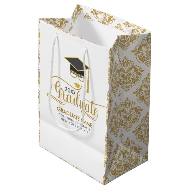 Graduate Modern Gold Typography & Grad Hat Medium Gift Bag (Front Angled)