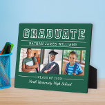 Graduate Modern Green 3 Photo Graduation Plaque<br><div class="desc">Classic 3 photo graduation plaque display sign with easel features Graduate in bold serif lettering with modern custom text that can be fully customized with the graduate's full name, class year, and school name. Add three favourite pictures of the graduate to the square placeholder images. Green background colour can be...</div>