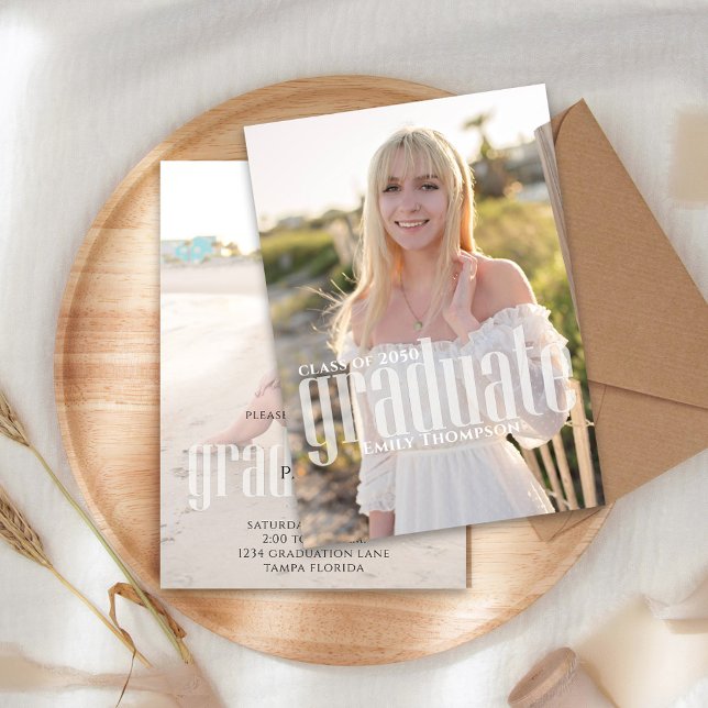 Graduate Modern Minimalist Photo Trendy Script Announcement (Trendy script graduation photo card with modern minimalist layout.)