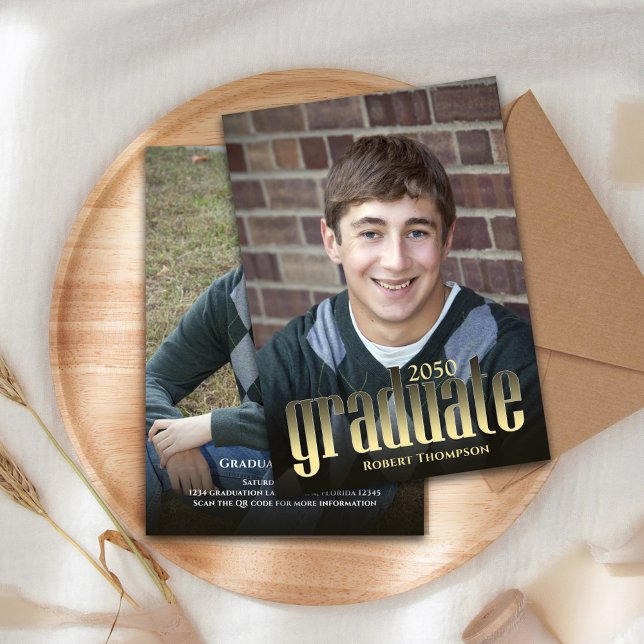 Graduate Modern Minimalist Photo Typography Gold Announcement (Graduation photo invitation announcement with gold modern typography.)