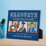 Graduate Modern Navy Blue 3 Photo Graduation Plaque<br><div class="desc">Classic 3 photo graduation plaque display sign with easel features Graduate in bold serif lettering with modern custom text that can be fully customized with the graduate's full name, class year, and school name. Add three favourite pictures of the graduate to the square placeholder images. Navy blue background colour can...</div>