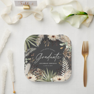 Graduate modern pampas grass black elegant paper plate
