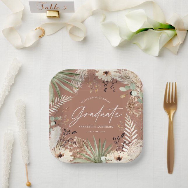 Graduate modern pampas grass terracotta elegant paper plate (Wedding)