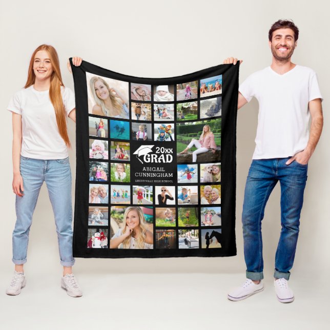 Graduate Modern Photo Collage Name School Black Fleece Blanket (In Situ)