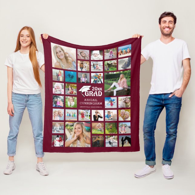 Graduate Modern Photo Collage Name School Maroon Fleece Blanket (In Situ)