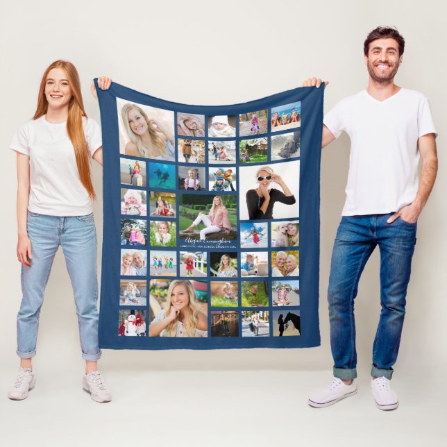 Graduate Modern Photo Collage Script Name Blue Fleece Blanket (In Situ)