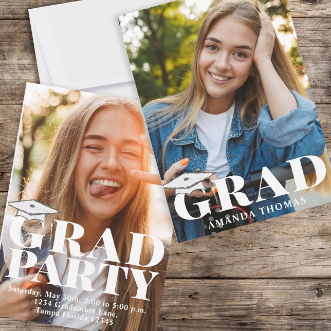 Graduate Modern Photo Template Bold Typography (Graduation photo invitation with bold modern typography and a 2-photo template. )