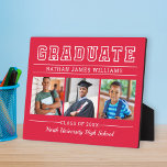 Graduate Modern Red 3 Photo Graduation Plaque<br><div class="desc">Classic 3 photo graduation plaque display sign with easel features Graduate in bold serif lettering with modern custom text that can be fully customized with the graduate's full name, class year, and school name. Add three favourite pictures of the graduate to the square placeholder images. Red background colour can be...</div>