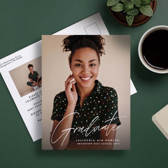 Graduate modern script simple 2 photo graduation postcard (Creator Uploaded)