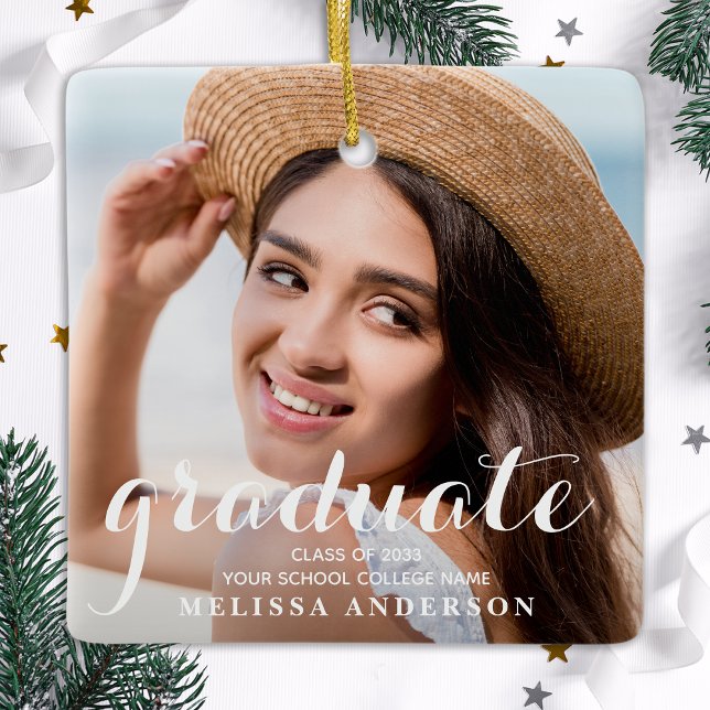 Graduate Modern Simple Custom 2 Photo Graduation  Ceramic Ornament (Creator Uploaded)