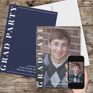 Graduate Modern Simple Photo Minimalist Navy Blue Invitation