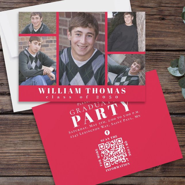 Graduate Multi Photo Collage Crimson Red QR Code Invitation (Creator Uploaded)