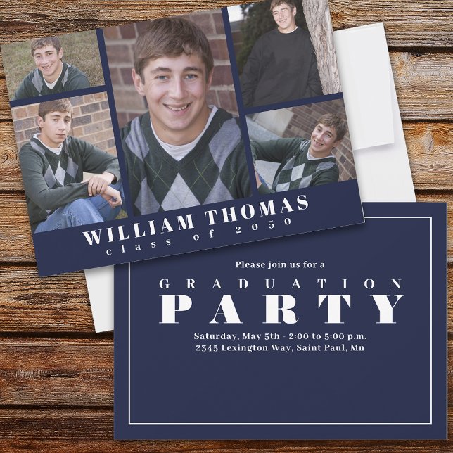 Graduate Multi Photo Collage Navy Blue Minimalist Invitation (Creator Uploaded)