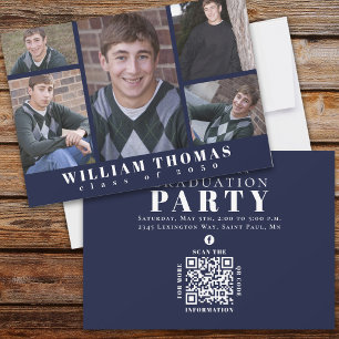 Graduate Multi Photo Collage Navy Blue QR Code Invitation