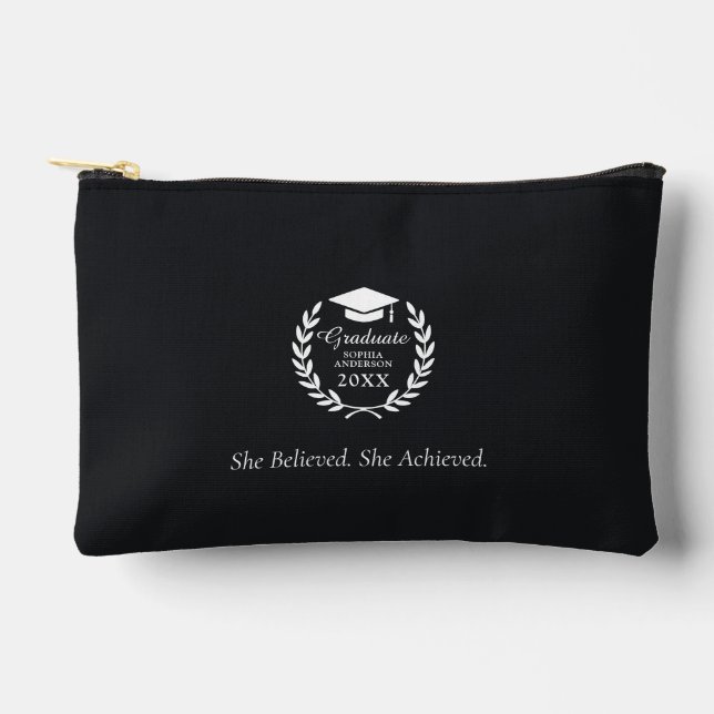 Graduate Name & Year Emblem Laurel Wreath Black Accessory Pouch (Front)