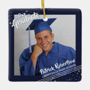 Graduate Navy Blue and White Stars Two-Photo Ceramic Ornament