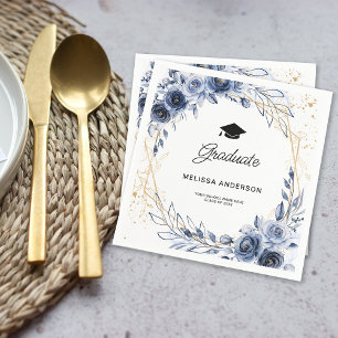Graduate Navy Blue Flowers Announcement Napkin