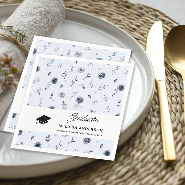Graduate Navy Blue Flowers Napkin (Creator Uploaded)