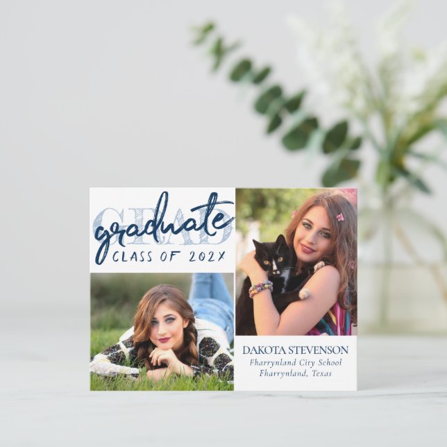 Graduate Navy Script | Dark Blue 2 Photo Keepsake Postcard (Standing Front)