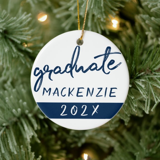 Graduate Navy Script | Dark Blue Brush Keepsake Ceramic Ornament (Tree)