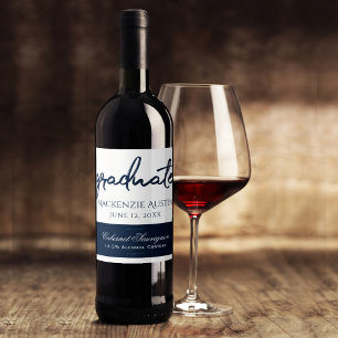 Graduate Navy Script   Dark Blue Brush Keepsake Wine Label