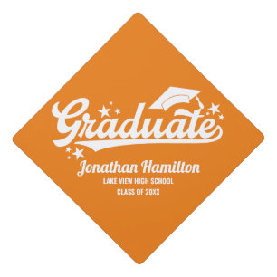 Graduate Orange And White Typography Graduation Cap Topper