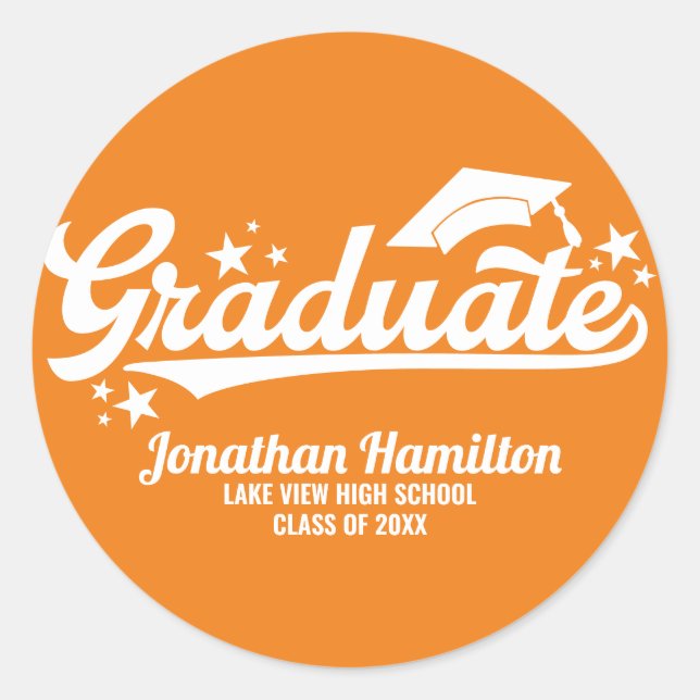 Graduate Orange White Typography Grad Party Classic Round Sticker (Front)