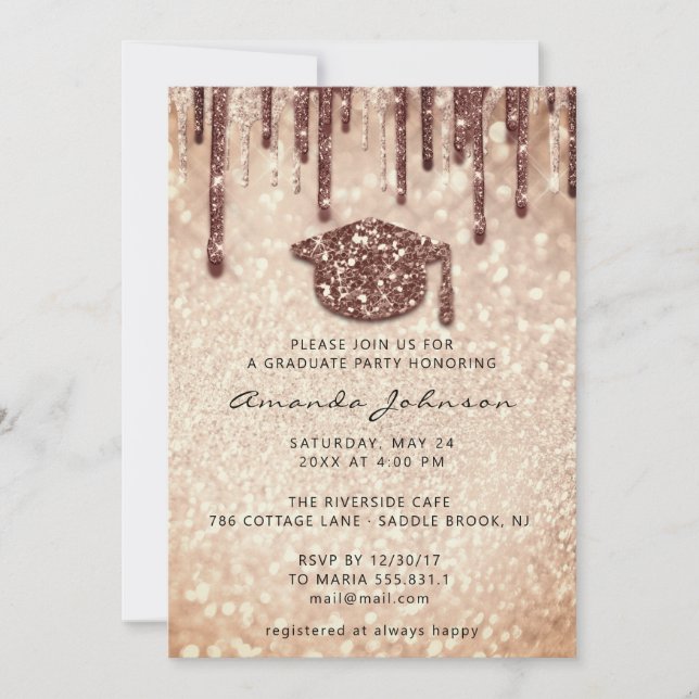 Graduate Party  Cap Drips Rose 3D Glitter Student Invitation (Front)