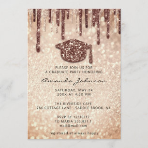 Graduate Party Cap Drips Rose 3D Glitter Student Invitation
