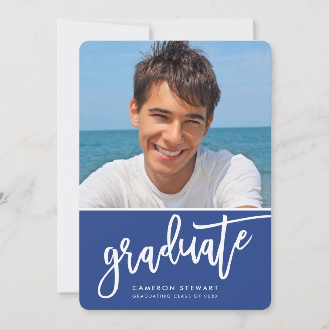 GRADUATE PARTY chic photo simple script royal blue Thank You Card (Front)