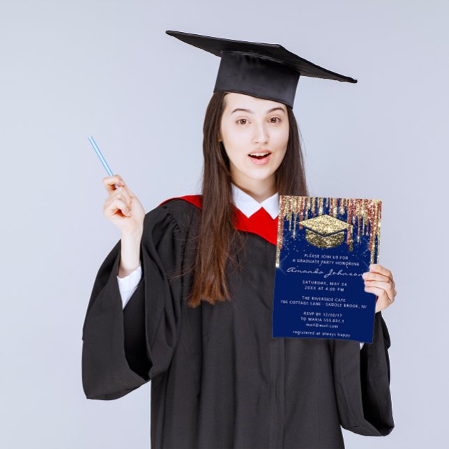 Graduate Party Drips Glitter Blue Gold Confetti  Invitation (Aftercare Instructions Lash Champaigne White Gold Business Card)