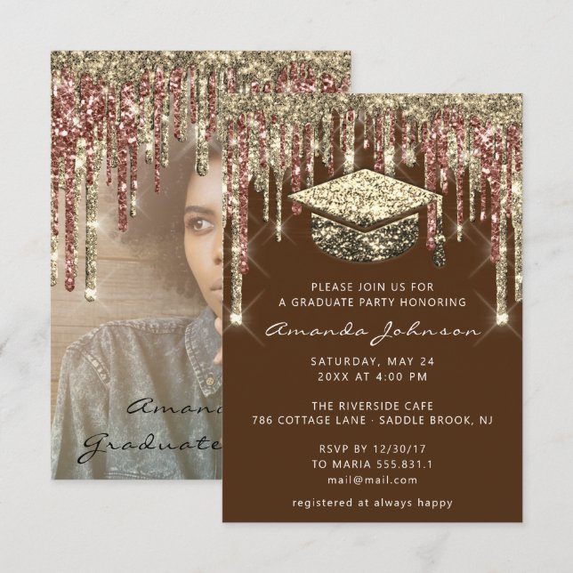 Graduate Party Drips Glitter Photo Brown Gold   Invitation (Front/Back)