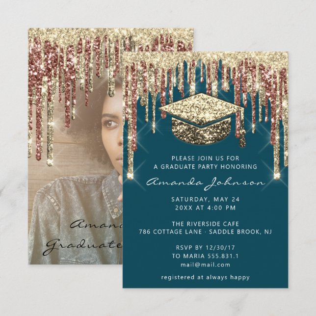 Graduate Party Drips Glitter Photo Teal Gold  Invitation (Front/Back)