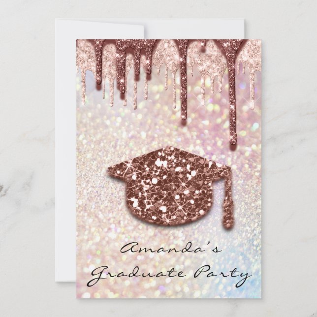 Graduate Party  Drips Rose Cap 3D Holograph Invitation (Back)