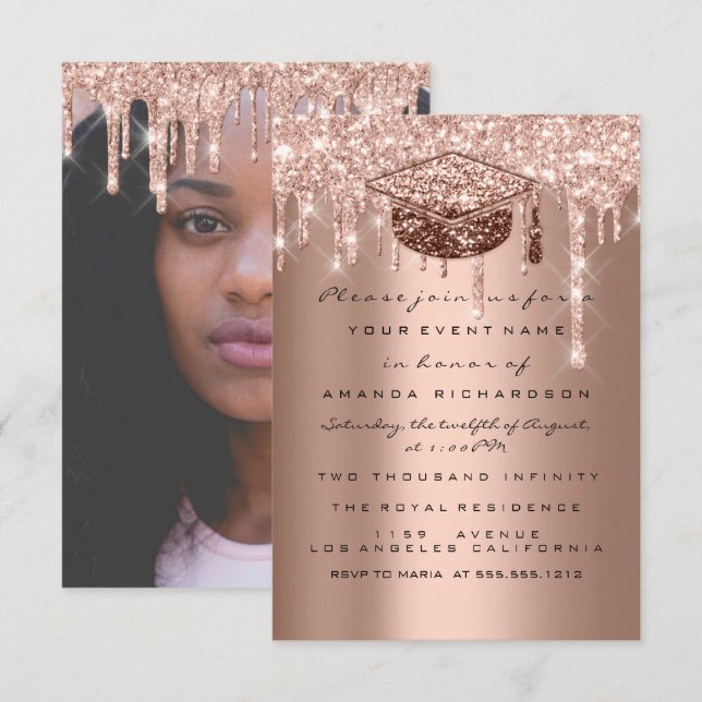 Graduate Party Glitter Drips Rose Photo Student Invitation (Front/Back)