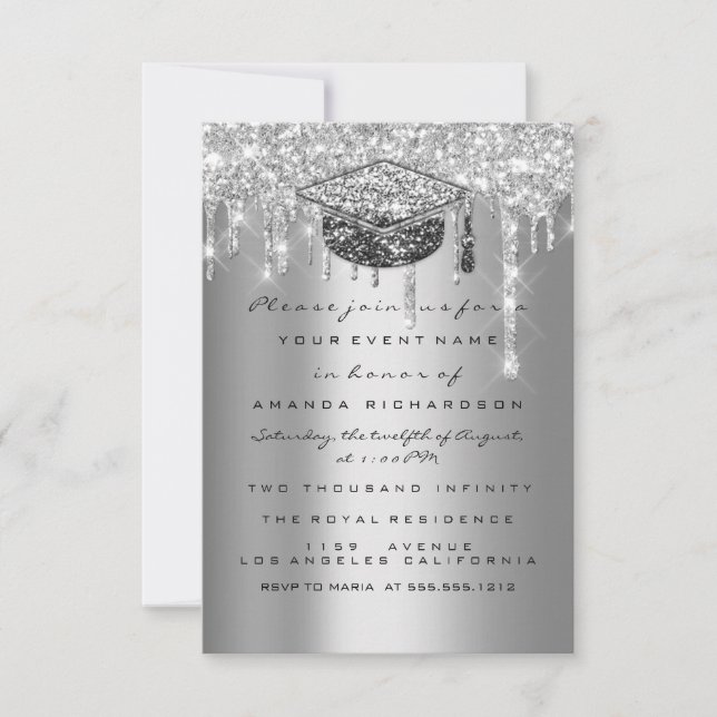 Graduate Party Glitter Silver Grey Drips Cup Invitation (Front)